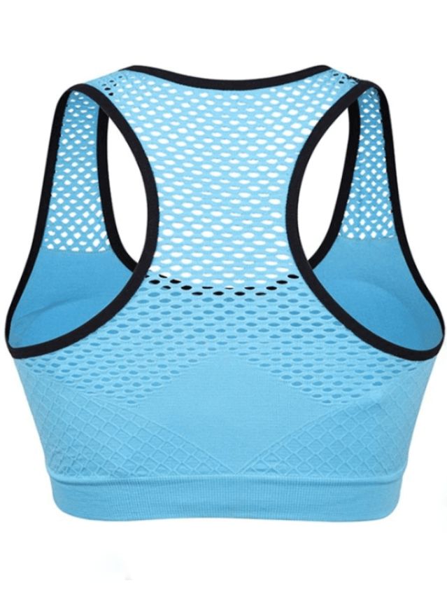 Blue seamless yoga top with mesh design, racerback style for breathability and quick-dry comfort, ideal for workouts.